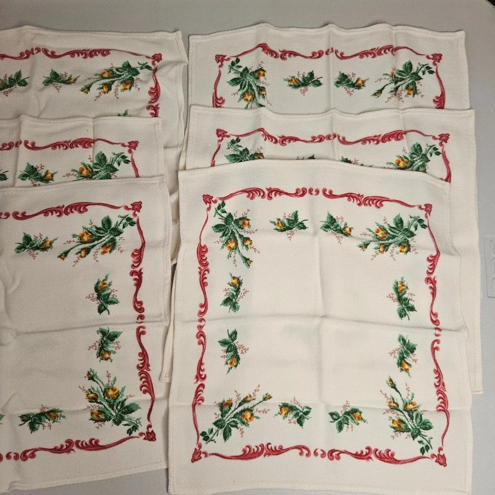 Vintage Floral Cloth Napkins Set of‎ 6 Cream Red Yellow Rose Scroll 12x12